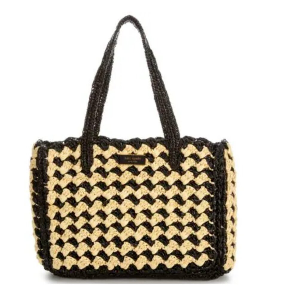 NWT Kate Spade New York High Tide Striped Crochet Raffia Medium Tote Bag $398